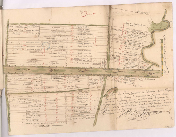 Pogny, plan des contrées dites les quartiers en Champagne levé par Jacques Roze, 1742. Plan et carte figurative du quartier sur la Croyere, du quartier de Livard, et du quartier des faizoüvis.