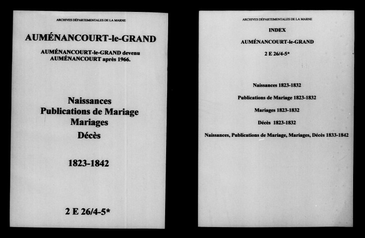 Auménancourt-le-Grand. Naissances, publications de mariage, mariages, décès 1823-1832