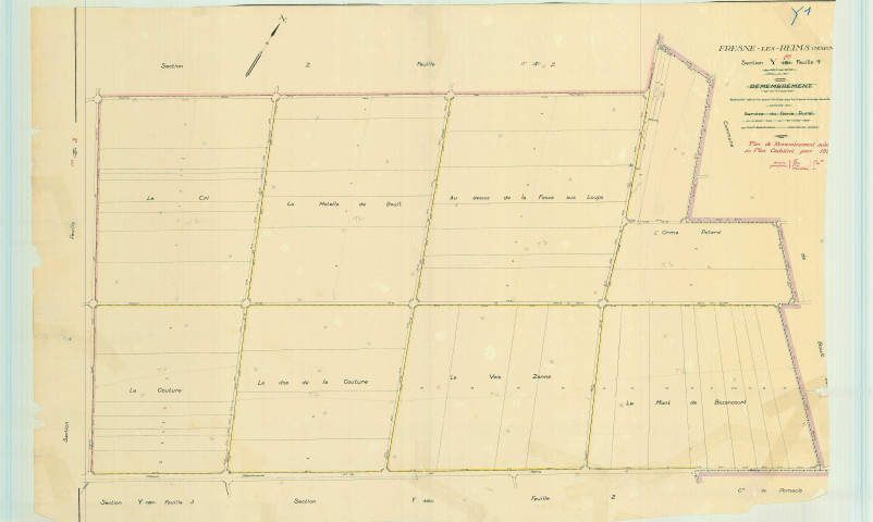 Bourgogne-Fresne (51075). Section Y1 échelle 1/2000, plan remembré pour 1956, plan régulier (papier).