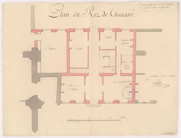 Plan du rez de Chaussée, premier projet pour le presbytère de Notre Dame de Chaalons, 1755.