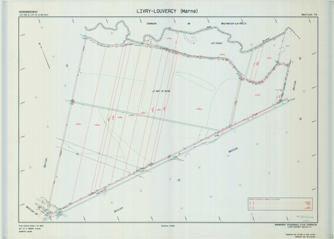 Livry-Louvercy (51326). Section YA échelle 1/2000, plan remembré pour 2004 (remembrement intercommunal de la Plaine Champenoise), plan régulier (calque)
