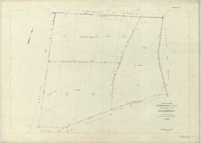 Humbauville (51296). Section ZA 1 échelle 1/2000, plan remembré pour 1964, plan régulier (papier armé)