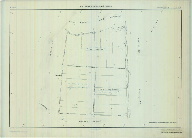 Essarts-lès-Sézanne (Les) (51235). Section ZS échelle 1/2000, plan remembré pour 01/01/1965, régulier avant 20/03/1980 (calque)