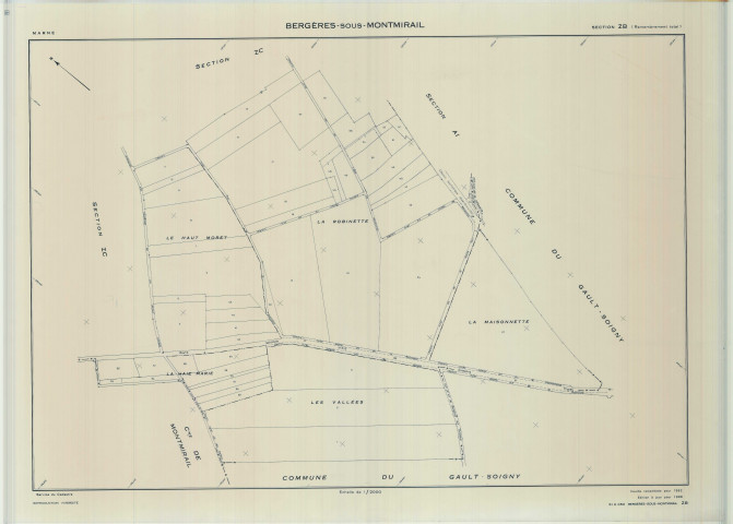 Bergères-sous-Montmirail (51050). Section ZB 1 échelle 1/2000, plan remembré pour 01/01/1962, régulier avant 20/03/1981 (calque)