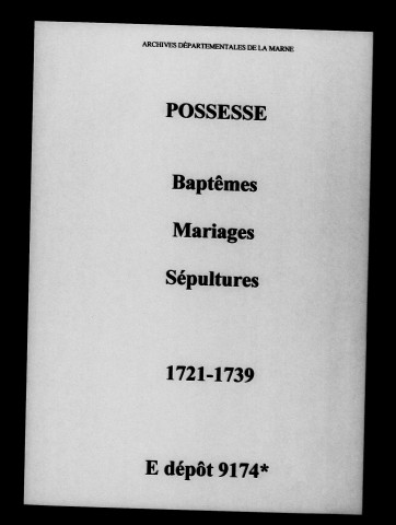 Possesse. Baptêmes, mariages, sépultures 1721-1739