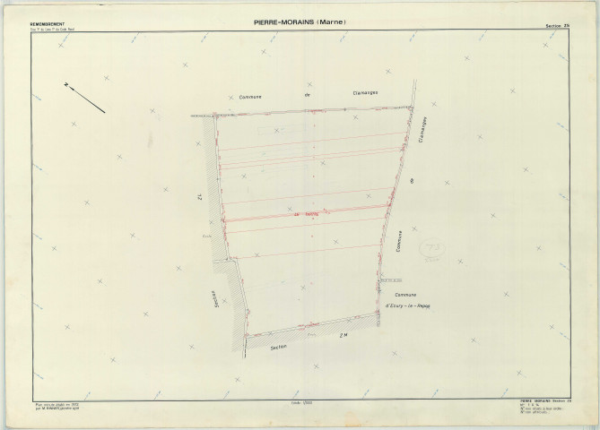 Pierre-Morains (51430). Section ZS échelle 1/2000, plan remembré pour 1972, plan régulier (papier armé)