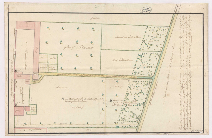 Plan figuré d'une maison et de ses dépendances sise au village de Saulce Champenoise (1788)