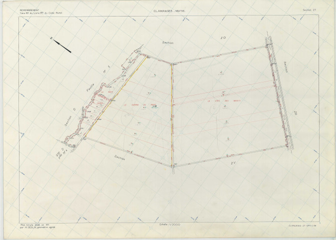 Clamanges (51154). Section ZT échelle 1/2000, plan remembré pour 1971, plan régulier (papier armé)