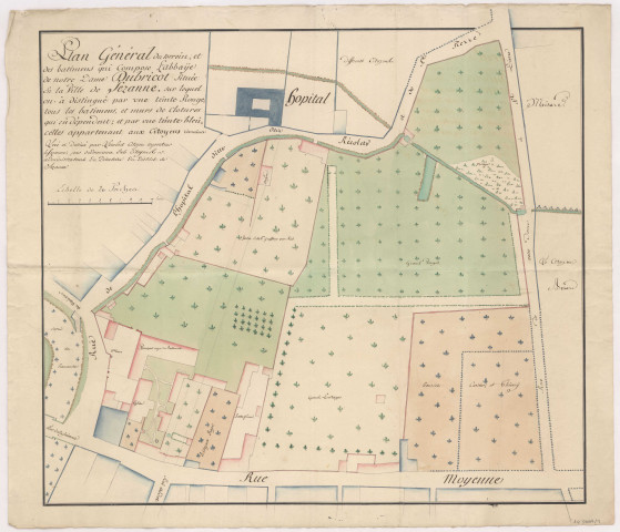 Plan général du terrain et des bâtiments qui composent l'abbaÿe de Notre-Dame-Dubricot située en la ville de Sézanne, levé et dessiné par Lembert, 1790-anII.