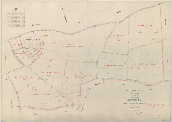 Berzieux (51053). Section ZP échelle 1/2000, plan remembré pour 1959, plan régulier (papier armé)