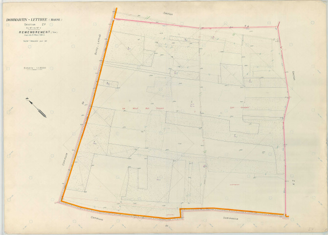 Dommartin-Lettrée (51212). Section ZY échelle 1/2000, plan remembré pour 1967, plan régulier (papier armé)