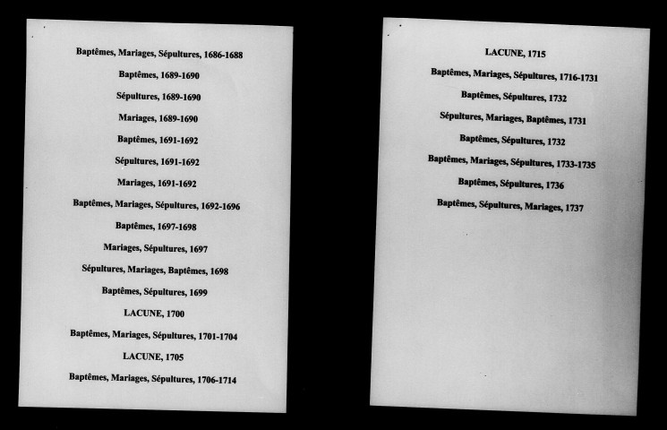 Nuisement-aux-Bois. Baptêmes, mariages, sépultures 1652-1737