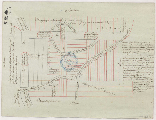 Abbaye de Notre-Dame de Cheminon. Plans et arpentages de terres et chemins au Chauffour sur le terroir de Cheminon, 1702.