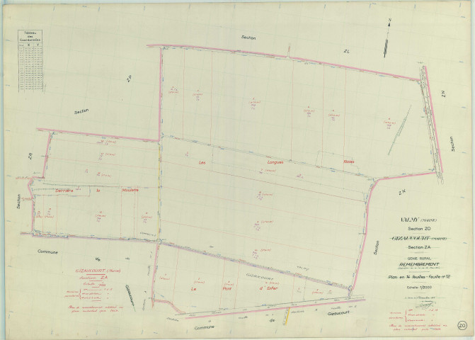Valmy (51588). Section ZO échelle 1/2000, plan remembré pour 1959 (extension sur Gizaucourt section ZA), plan régulier (papier armé)