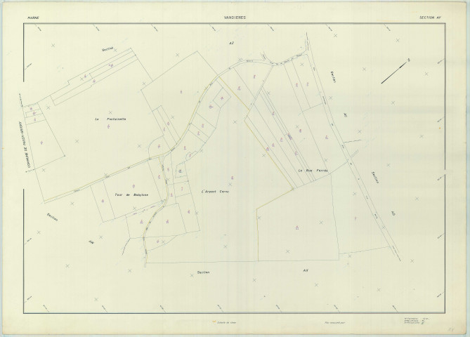 Vandières (51592). Section AY échelle 1/1000, plan renouvelé pour 1969, plan régulier (papier armé).