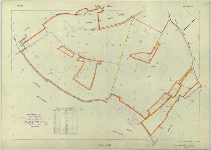 Saint-Vrain (51521). Section ZE échelle 1/2000, plan remembré pour 1962, plan régulier (papier armé)
