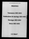 Prosnes. Naissances, publications de mariage, mariages, décès 1823-1832