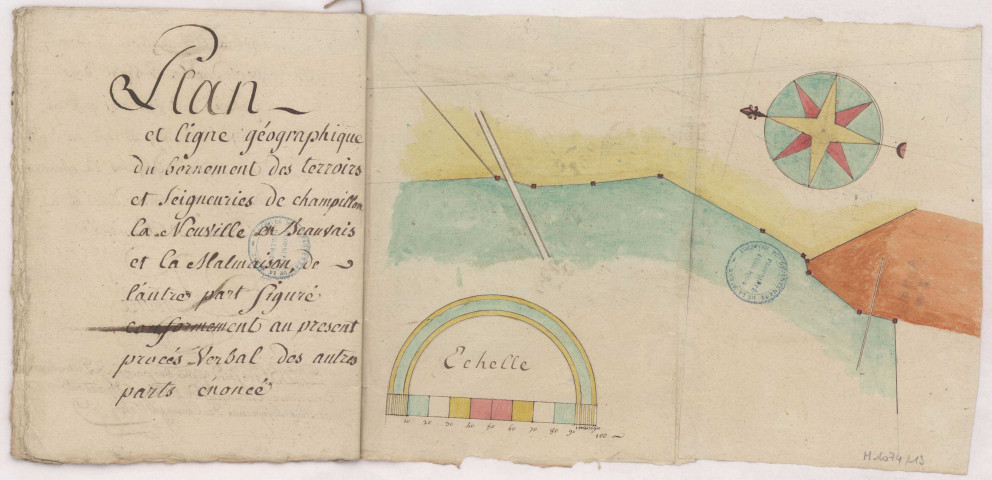 Plan et ligne géographique du bornement des terroirs et seigneuries de Champillon la Neuville en Beauvais et la Malmaison, 1783.