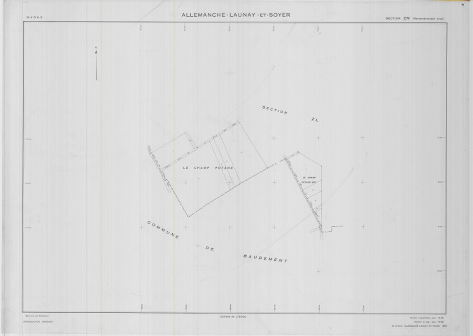 Allemanche-Launay-et-Soyer (51004). Section ZM 2 échelle 1/2000, plan remembré pour 01/01/1958, régulier avant 20/03/1980 (calque)