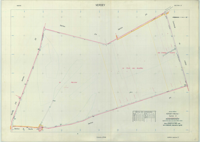 Moeurs-Verdey (51369). Section ZI échelle 1/2000, plan remembré pour 01/01/1966, régulier avant 20/03/1980. Verdey (papier armé)