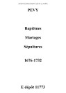 Pévy. Baptêmes, mariages, sépultures 1676-1732