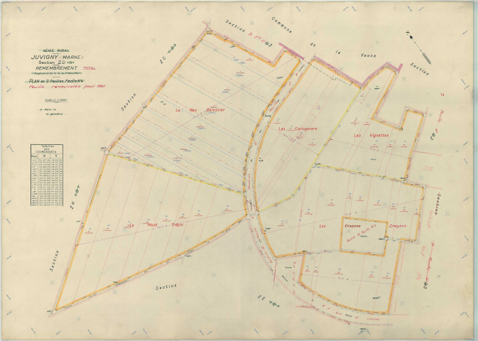 Juvigny (51312). Section ZD échelle 1/2000, plan remembré pour 1949 (renouvelé pour 1961), plan régulier (papier armé)