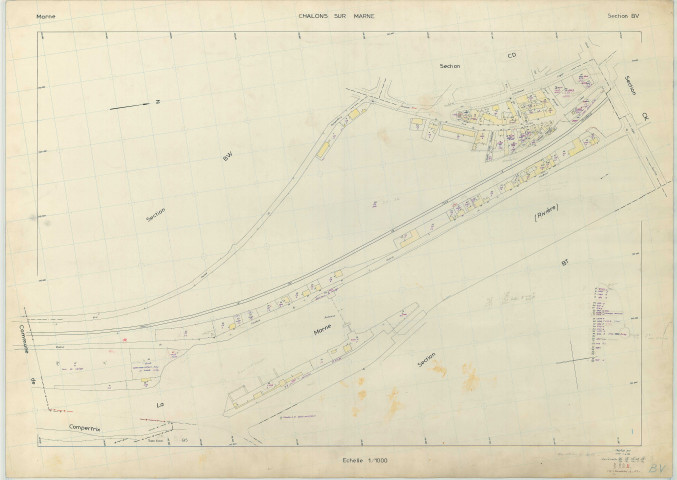 Châlons-en-Champagne (51108). Section BV échelle 1/1000, plan renouvelé pour 1965, plan régulier (papier armé)