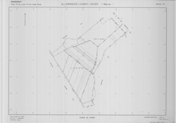 Allemanche-Launay-et-Soyer (51004). Section YE échelle 1/2000, plan remembré pour 01/01/1994, plan régulier de qualité P5 (calque)