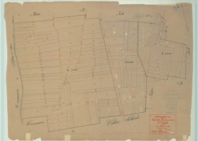 Champfleury (51115). Section B2 échelle 1/1250, plan mis à jour pour 1933, plan non régulier (papier).