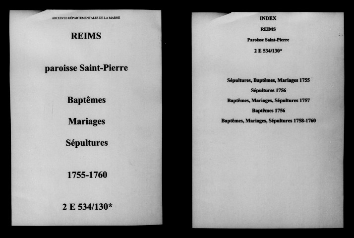 Reims. Saint-Pierre. Baptêmes, mariages, sépultures 1755-1760