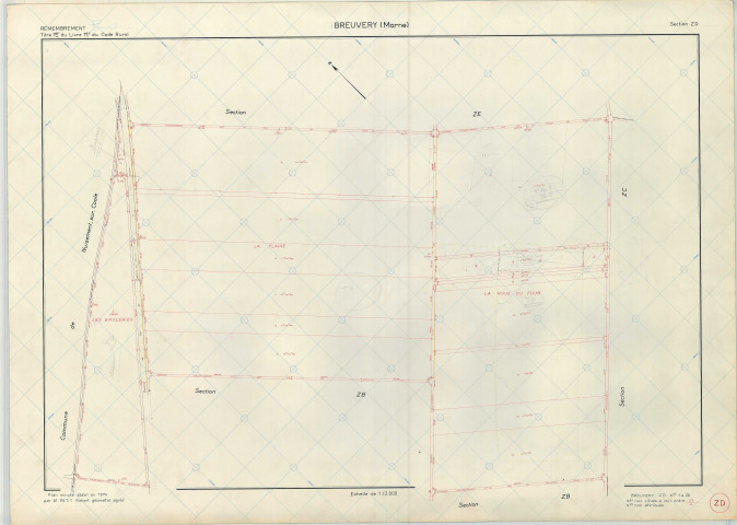 Breuvery-sur-Coole (51087). Section ZD échelle 1/2000, plan remembré pour 1974, plan régulier (papier armé)