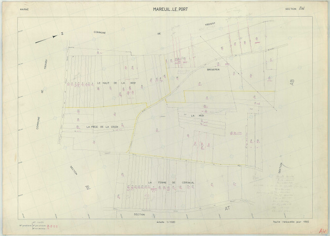 Mareuil-le-Port (51346). Section AW échelle 1/1000, plan renouvelé pour 01/01/1965, régulier avant 20/03/1980 (papier armé)