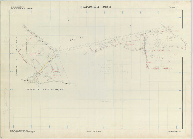 Chaudefontaine (51139). Section ZD1 échelle 1/2000, plan remembré pour 1971 (section ZD 1e feuille), plan régulier (papier armé)