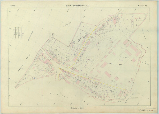Sainte-Menehould (51507). Section AI échelle 1/1000, plan renouvelé pour 1966, plan régulier (papier armé)