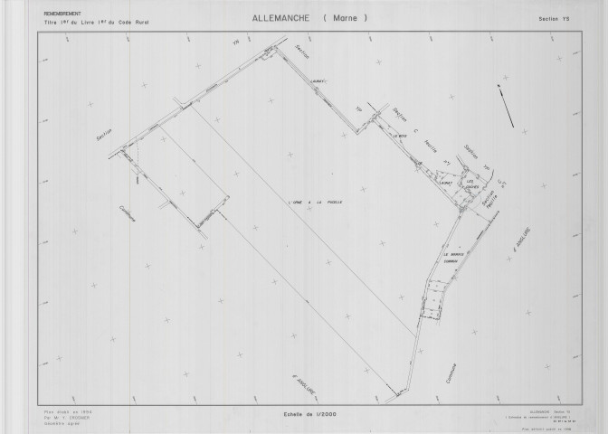 Allemanche-Launay-et-Soyer (51004). Section YS échelle 1/2000, plan remembré pour 01/01/1996, plan régulier de qualité P5 (calque)