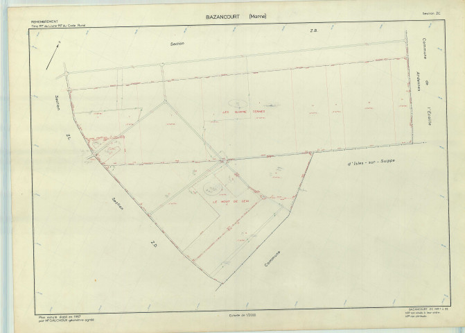 Bazancourt (51043). Section ZC échelle 1/2000, plan renouvelé pour 1967, plan régulier (papier armé).