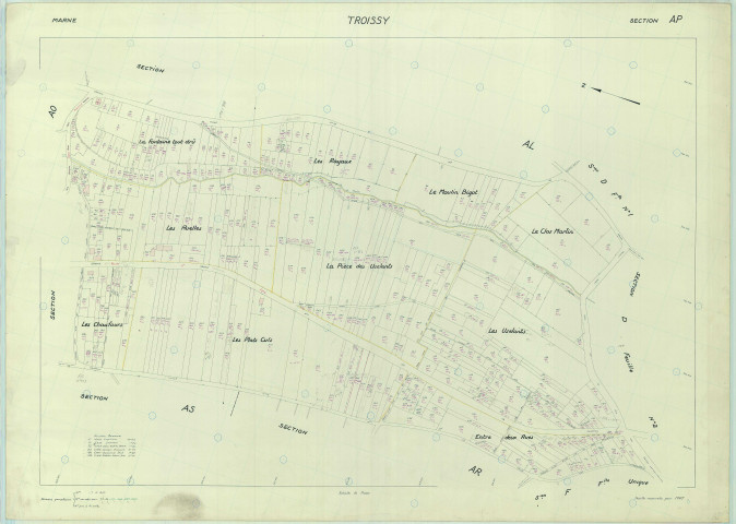 Troissy (51585). Section AP échelle 1/1000, plan renouvelé pour 01/01/1967, régulier avant 20/03/1980 (papier armé)
