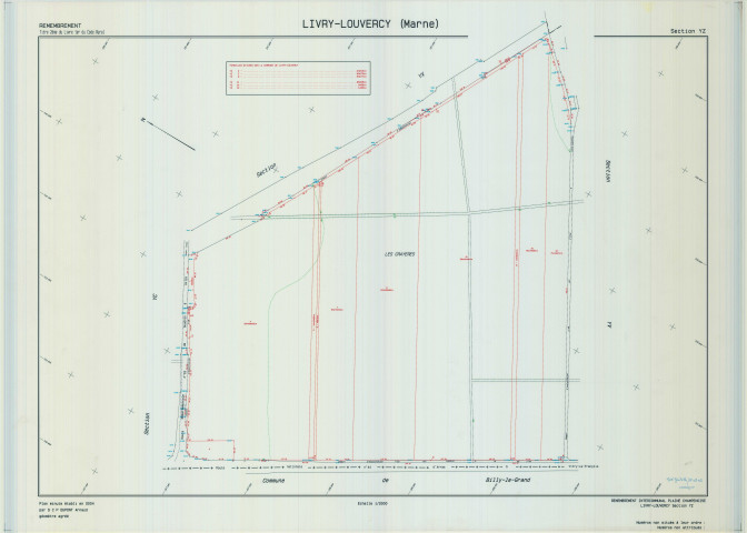 Livry-Louvercy (51326). Section YZ échelle 1/2000, plan remembré pour 2004 (remembrement intercommunal de la Plaine Champenoise), plan régulier (calque)