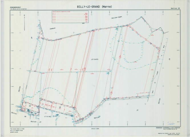 Billy-le-Grand (51061). Section ZR échelle 1/2000, plan remembré pour 2004 (remembrement intercommunal de Plaine Champenoise extension sur Billy-le-Grand), plan régulier (calque)