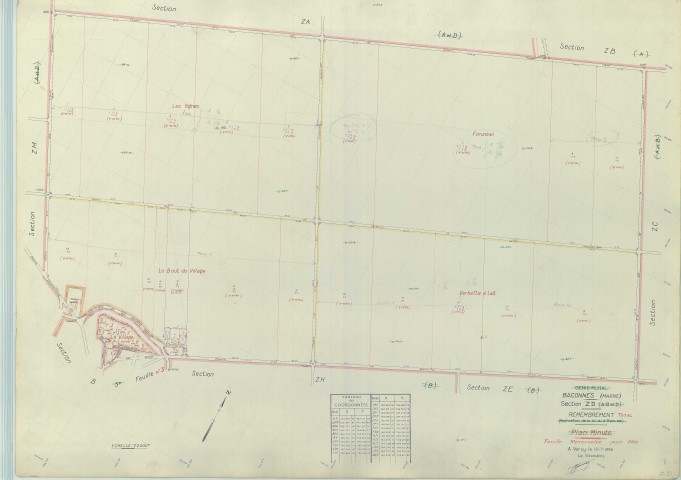 Baconnes (51031). Section ZD échelle 1/2000, plan renouvelé pour 1960, plan régulier (papier armé).
