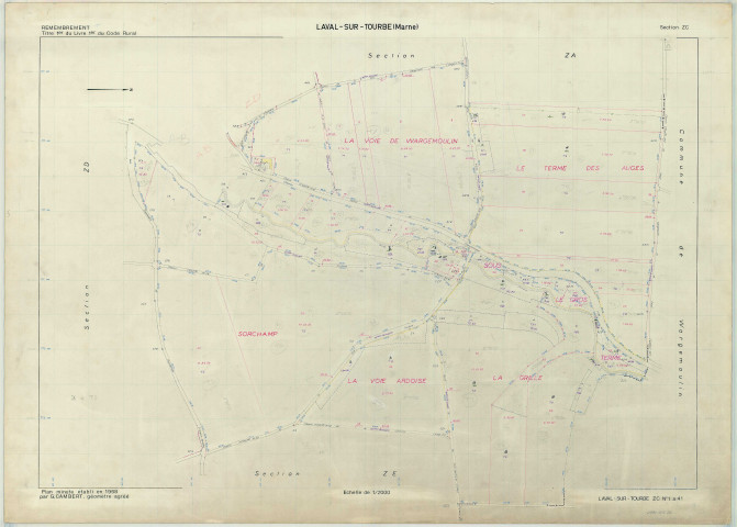 Laval-sur-Tourbe (51317). Section ZC échelle 1/2000, plan remembré pour 1968, plan régulier (papier armé)