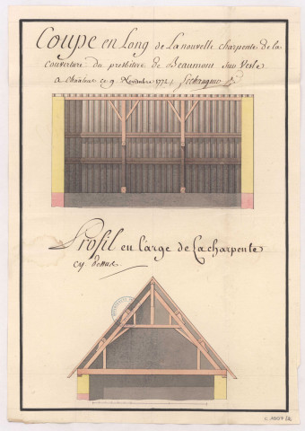 Coupe en long de la nouvelle charpente de la couverture du presbytère de Beaumont sur Vesle, 1772.