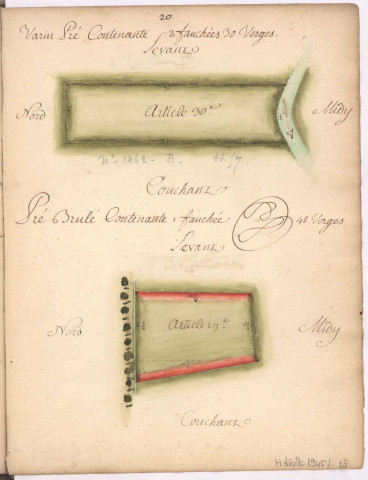 Cayet des plans et figures des prés de l'hotel Dieu de Sainte Manéhould, 1761. Plan n° 20 : Varin, pré Brulé.