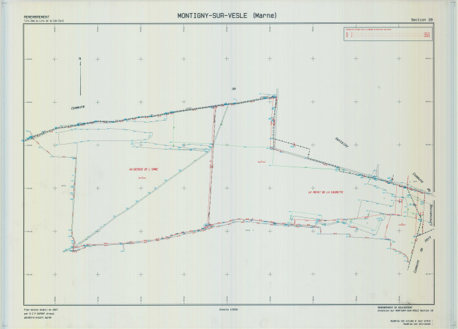 Montigny-sur-Vesle (51379). Section ZB échelle 1/2000, plan remembré pour 2008, plan régulier de qualité P5 (calque).