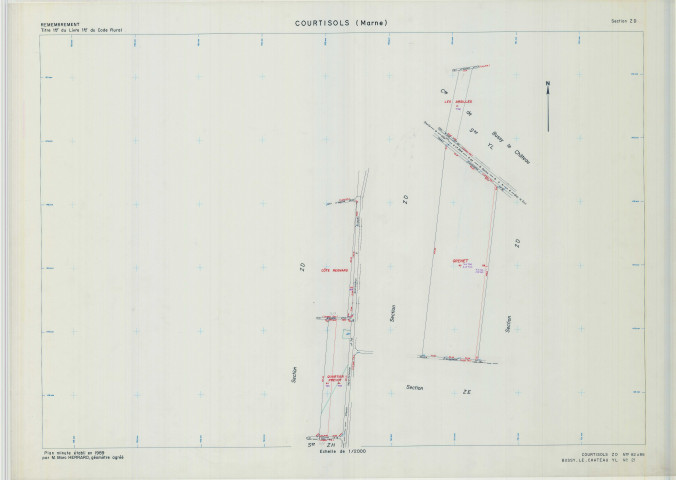 Courtisols (51193). Section ZD échelle 1/2000, plan remembré pour 1989 (extension sur Bussy-le-Château section YL), plan régulier (calque)
