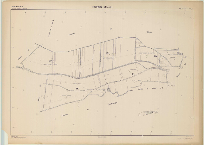 Huiron (51295). Tableau d'assemblage 1 échelle 1/5000, plan remembré pour 1972 (zone centre), plan régulier (papier)