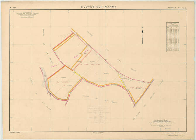 Cloyes-sur-Marne (51156). Section Y échelle 1/2000, plan remembré pour 1952 (ancienne section B3), plan régulier (papier)
