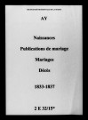 Ay. Naissances, publications de mariage, mariages, décès 1833-1837