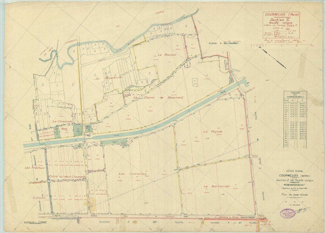 Val-de-Vesle (51571). Section Z échelle 1/2000, plan remembré pour 1952, ancienne commune de Courmelois (51189), plan régulier (papier).