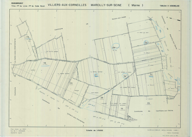 Marcilly-sur-Seine (51343). Tableau d'assemblage 1 échelle 1/5000, plan remembré pour 01/01/1993 (calque)